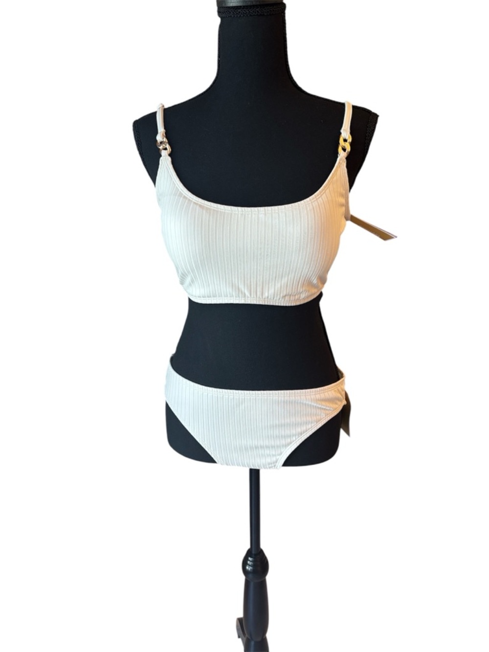 MICHAEL Michael Kors Ivory Ribbed Bikini Set with Gold Accents Size Large New